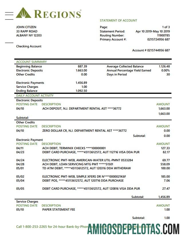 Modelo realista de comprovante de endereço do banco de regiões dos EUA em formato Word e PDF